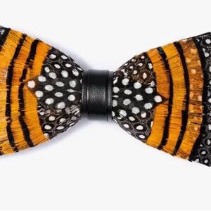 Vibrant Feathered Bow Tie with Orange and Black Stripes